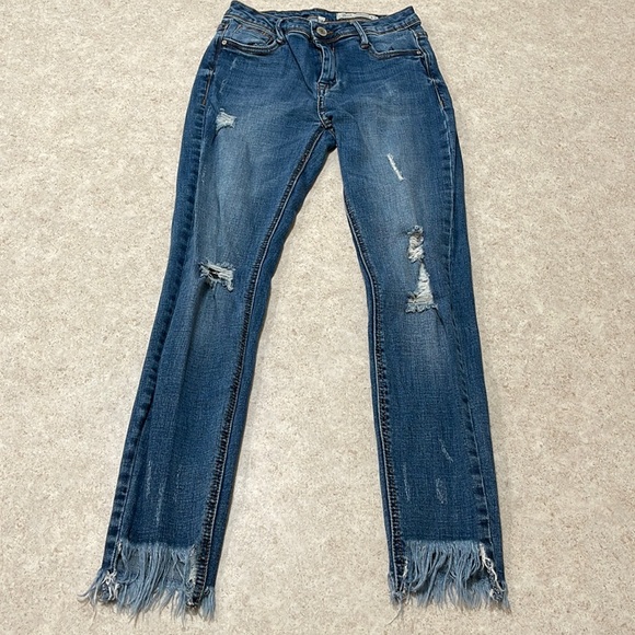 Papaya Denim - JUNIOR PAPAYA HIGH RISE KYLIE ANKLE SKINNY FRINGE BOTTOM RIPPED KNEES JEANS